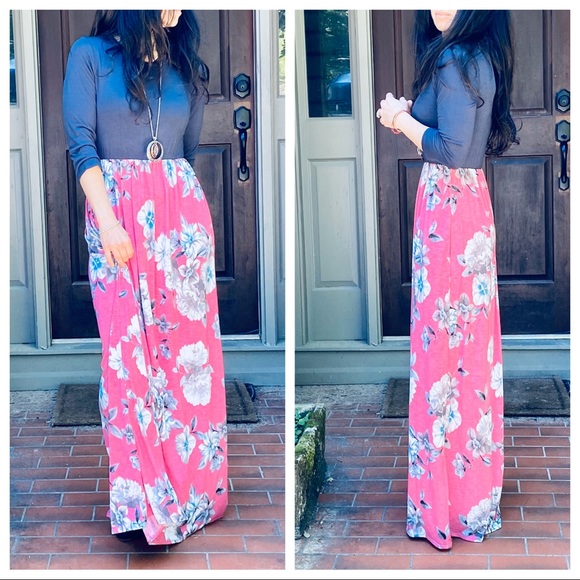 ✨LAST ONE✨CHARCOAL FLORAL SIDE POCKETS MAXI DRESS - Picture 5 of 13